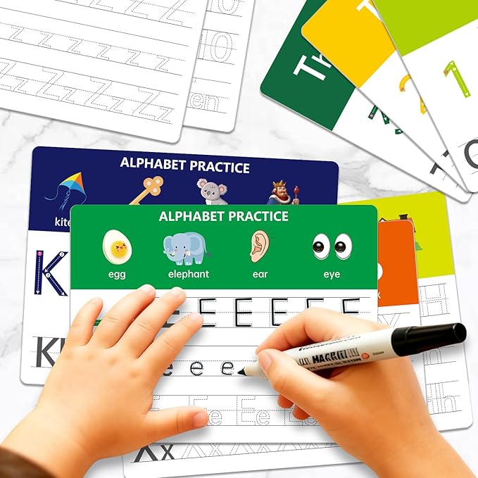 Dry Erase Alphabet & Number Practice Boards for Kids – A-Z Letters & Numbers 1-10, 18 Double-Sided Reusable Sheets (36 Pages), 11x8.5, Preschool, Kindergarten & Homeschool Writing Practice Tool