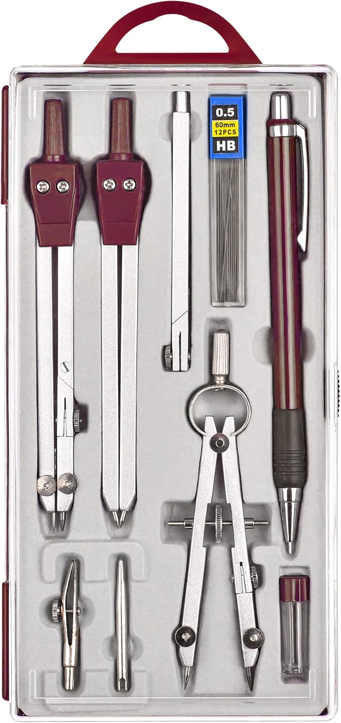 Unjoo 9Pcs Precision Geometry Set Metal Compass, Geometry Tool Tool Set with Shatterproof Storage Box, Circle Drafting Tool and Architecture, Drafting Kits for Engineers Students (Brown)