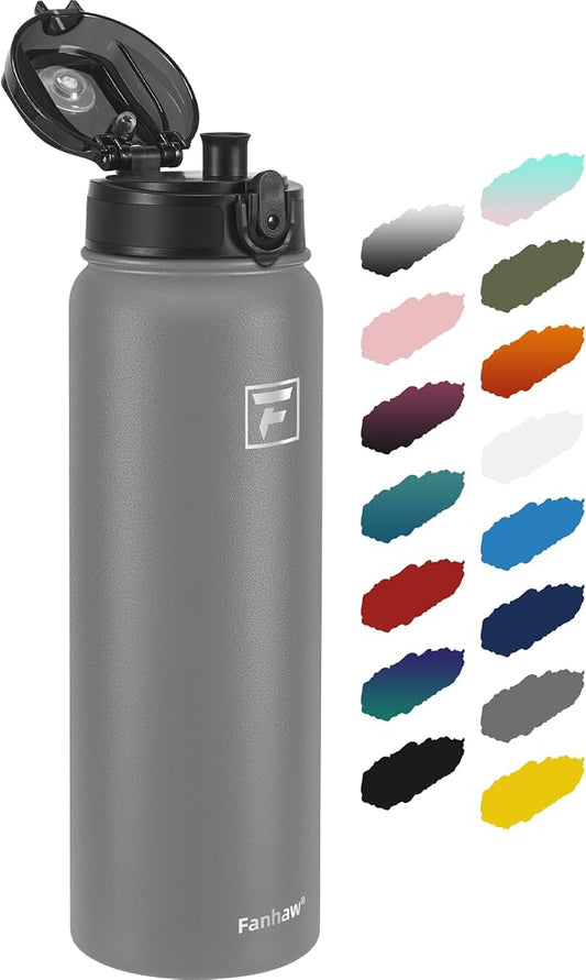Fanhaw 40 oz Insulated Stainless Steel Water Bottle with Chug Lid, Leakproof & Sweat-Free Extra-Large Metal Bottle for Outdoor, Hiking & Gym (Gray)