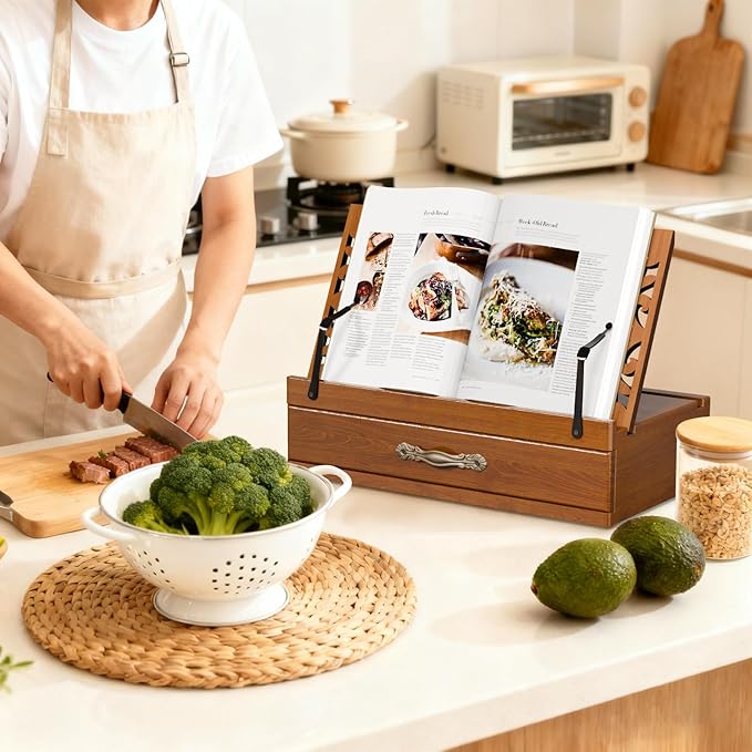 Adjustable Wooden Book Stand with Storage - Multi-Function Hands Free Book Holder for Books, Tablets & Recipes with Cup Slot, Pen Groove & Page Holder - Perfect Kitchen Counter & Gifts for Book Lovers