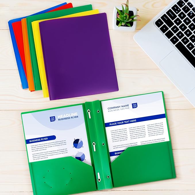 24-Pack Plastic Folders with Pockets and Prongs,2-Pocket Folders with 3 Fasteners, Holds 8-1/2" x 11" Paper for School/Office/Home, Green