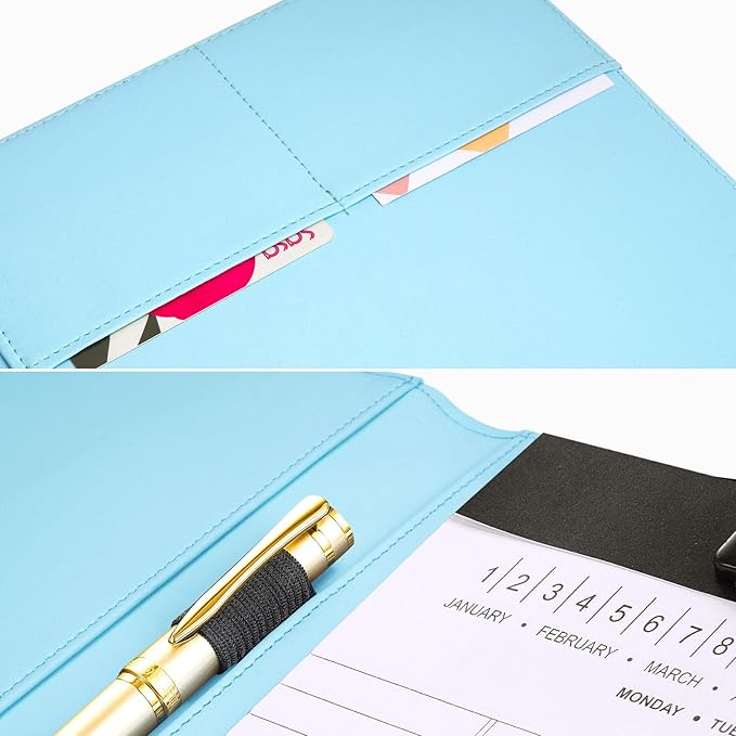 Professional Padfolio with Clipboard, Faux Leather Portfolio Folder Binder, 8.5 x 11 Legal Pad Holder for A4 Letter Size Notepad, Writing Pad, Ideal Organizer for Business Office Conference, Blue