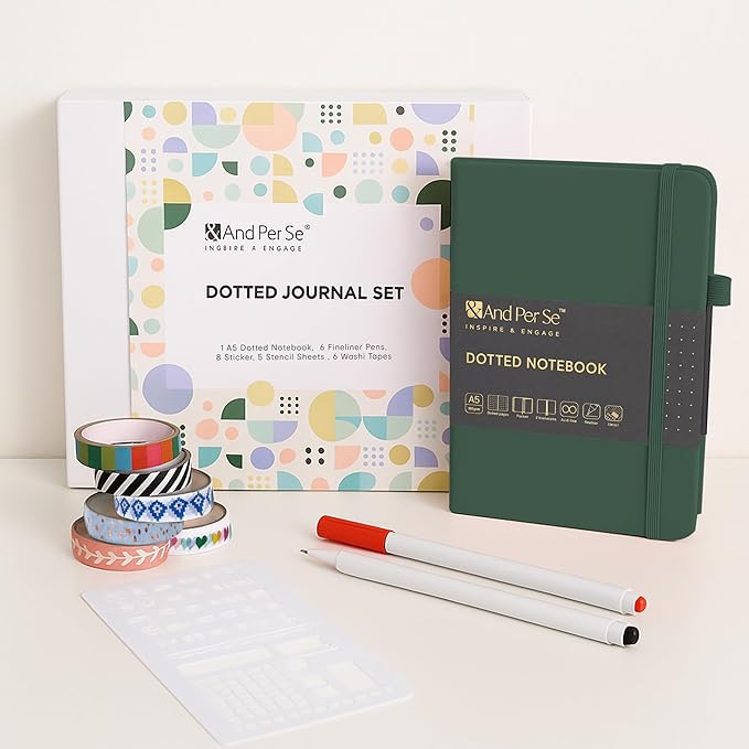 &And Per Se Dotted Journaling Kit – Journal Kit with Dotted Notebook, Stencils, Stickers, Washi Tapes & Colored Pens for Beginners (Green)