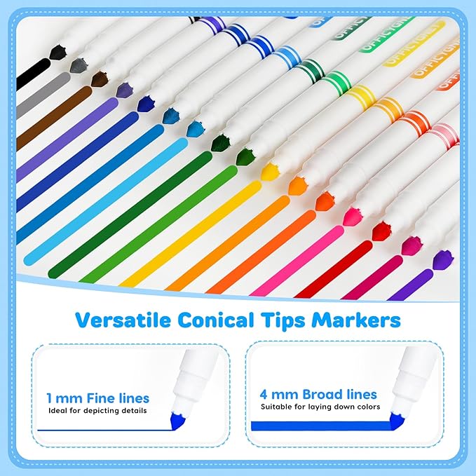 Officygnet 256 Count Washable Markers Bulk, 16 Assorted Colors, Conical Tip with Fine & Broad Line Coloring Marker for Kids, Markers Bulk for Classroom, School Art Supplies, Back to School Essentials
