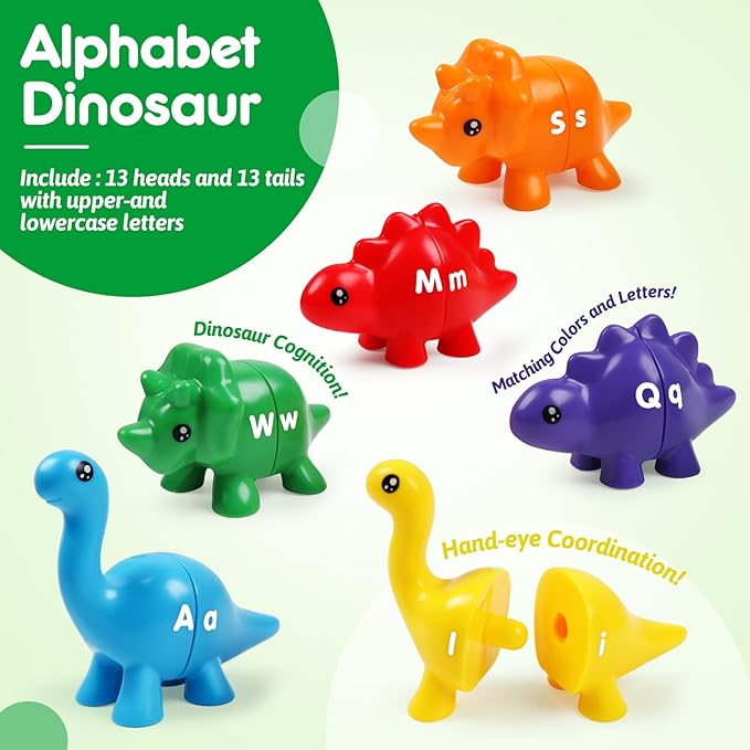 USATDD Matching Letters Dinosaur Toy, Double-Sided ABC Letters Dinosaur Match Game Preschool Fine Motor Toy with Uppercase Lowercase Alphabet, Educational Learning Toys for Toddlers Boys Girls