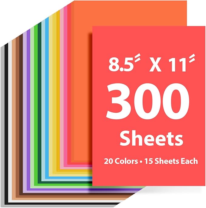 300 Sheets Colored Cardstock 8.5 "x 11", 65LB 180GSM Craft Bulk Construction Paper, 20 Assorted Colors Card Stock Paper for School & Office, Card Making Printer Scrapbook Decorations DIY Crafts
