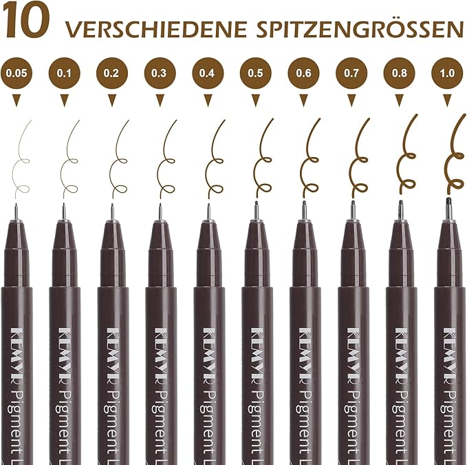 KEMYR 10 Micro Fine liner Drawing Art Pens Calligraphy Pens: 0.05mm-1.0mm Size Art supplies Waterproof Archival brown Ink Markers For Artists,Use for Professional Watercolor,Sketching