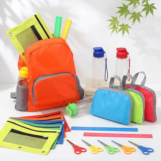 24 Sets Backpacks Bulk with School Supplies Include Sturdy Oxford Backpacks Water Bottles Pencil Pouches Scissors Rulers for Back to School Student Supplies Bulk Donation Gift Set(Classic)