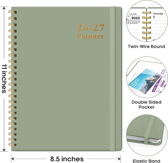 Planner 2026-2027, 8.5" x 11" Weekly and Monthly Academic Year Planner Calendar, July 2026 - June 2027, Hardcover Large School Planning Agenda With Tabs, Perfect for School & Office Supplies, A4, Green