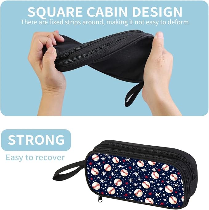 Firmiso Kids Pencil Case, Baseball Star Pattern, Large Capacity Double Zipper Pencil Pouch with Compartments, Durable Polyester School Supplies Organizer, Pen Bag for Boys Girls Students