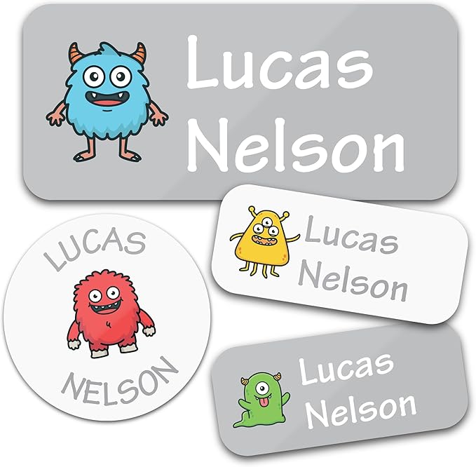 Bunny Badges Personalized Daycare Name Labels for Kids (130 Labels) - Custom Waterproof Name Stickers for Clothing Tags, Water Bottles, Lunch Boxes and School Supplies (Monsters)