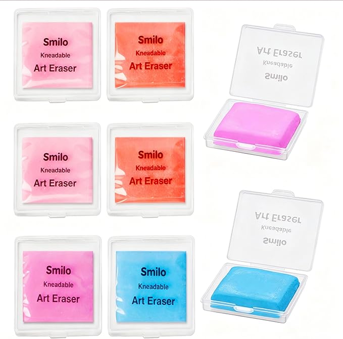 Smilo Kneaded Erasers for Artists, 8-Pack (4 Colors - 2 Each) | Reusable, Dust-Free, No Smudge | Moldable Putty Eraser with Case | Ideal for Drawing, Sketching, Students