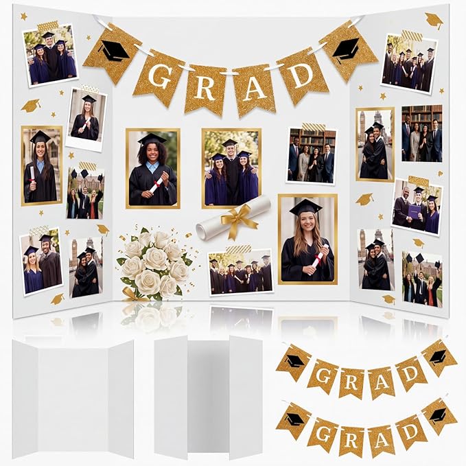 Eaasty 4 Pack Graduation Photo Display Board Decoration 24 X16 Inch Trifold Poster Board with Banners White Trifold Picture Display for Table Decor Class of 2026 Grad Party Collage Frame Supplies