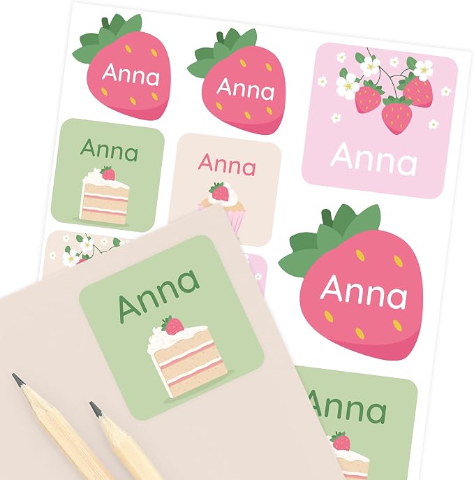 Camp Name Labels for Kids (33) – Custom Waterproof Stickers for Water Bottles, Lunch Boxes, Daycare & School with Unique Designs - Strawberry
