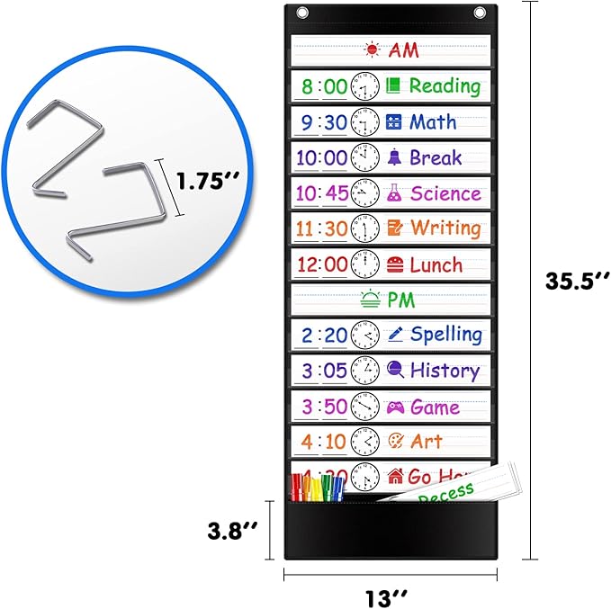 Daily Schedule Pocket Chart, 13+1 Pockets Visual Schedule for Kids, Daily Schedule for Kids, Pocket Chart for Classroom, School, Office or Home, Includes 18 Reusable Dry Eraser Cards and 2 Hooks (BLACK)