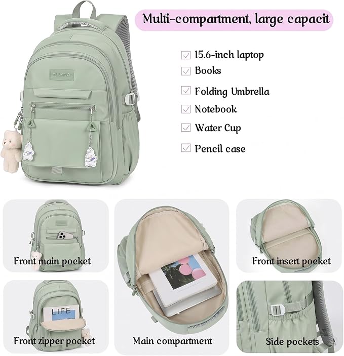 PRLINJSK Girls Backpack for College High Middle School Student, Cute Aesthetic Bookbag for Teens Women with Accessories,Green