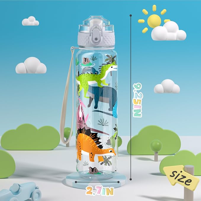 OLDLEY 17oz Kids Water Bottle, Tritan BPA-Free, Leakproof Flip Straw Lid, Motivational Time Marker, Carry Strap, Reusable Clear Water Bottle for Boys & Girls,Dinosaur