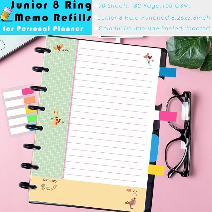 Rancco Junior Cornell Notebook Paper, 180 Pages 8 Rings Punched Half Letter Disc Paper Inserts w/Index Tabs, Index Dividers, Loose-Leaf Bag, Ruler For Circa, Arc, TUL, Happy Planner, 5.5x8.5"