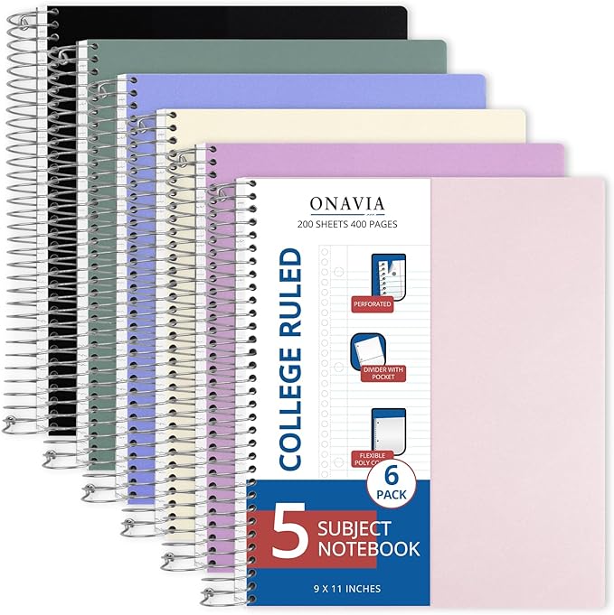 ONAVIA 5 Subject Spiral Notebook, 6 Pack, College Ruled, 9 x 11 in, 200 Sheets, Bulk Classroom Notebooks for Teachers and High School Students, Assorted Colors