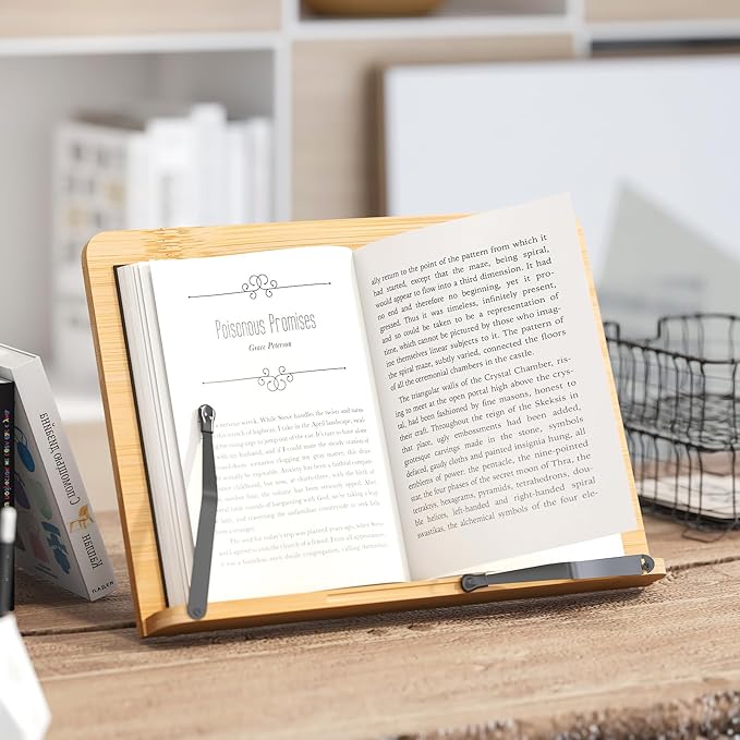 Bamboo Book Stand, Adjustable Reading Holder with Page Clips, Portable Lightweight Desk Stand for Textbooks, Cookbooks (Small)