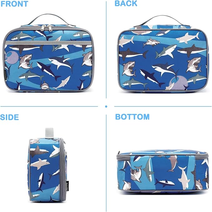 FlowFly Kids Lunch box Insulated Soft Bag Mini Cooler Back to School Thermal Meal Tote Kit for Girls, Boys, Shark