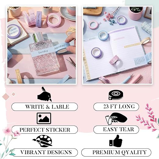 Chuangdi 9 Rolls Calendar Washi Tape Set Day Week Month Number Vintage Calendar Date Washi Masking Tape Decorative Patterned Marking for Arts Crafts Journal Planner (Pink, Purple, Yellow, Blue)