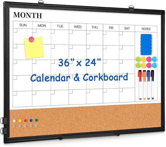 Monthly Calendar Whiteboard Dry Erase Cork Board Combo for Wall, 36" x 24" Magnetic Double-Sided Calendar White Board and Bulletin Board, Portable Board for Office, Kitchen, School, Home