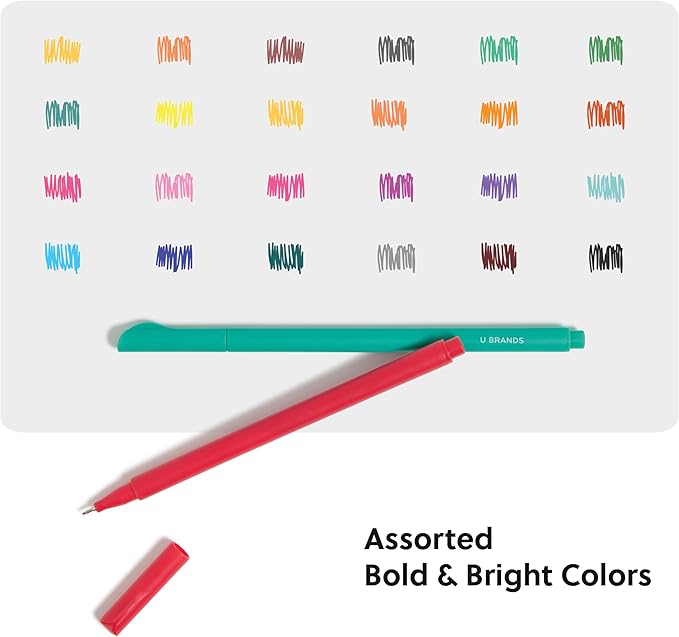 U Brands Fine Liners Felt Tip Pens, Set of 24, Fine (0.5 mm) Point, Assorted Colors