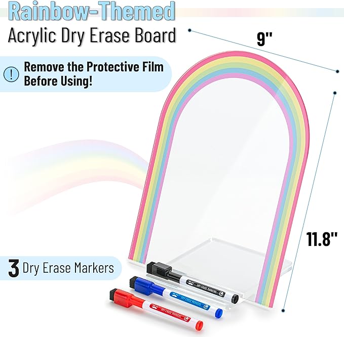 Mr. Pen- Clear Acrylic Board with Stand, 11.8" x 9", 3 Markers, Rainbow Theme, Clear Dry Erase Board for Desk