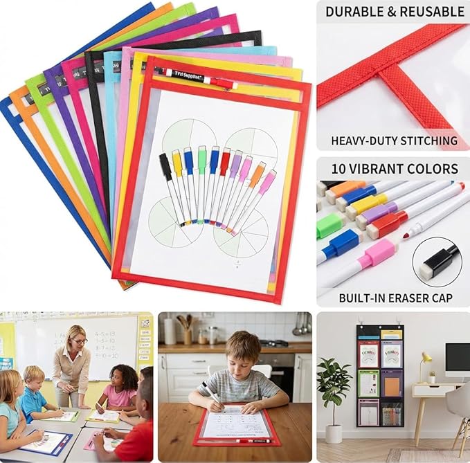Dry Erase Pockets, 10 Pack Oversized 10 x 14 Reusable Sleeves for 8.5 x 11 Worksheets, Heavy Duty Clear Dry Erase Sheet Protectors with 10 Markers, Grommet & Loop for Classroom, Homeschool & Office