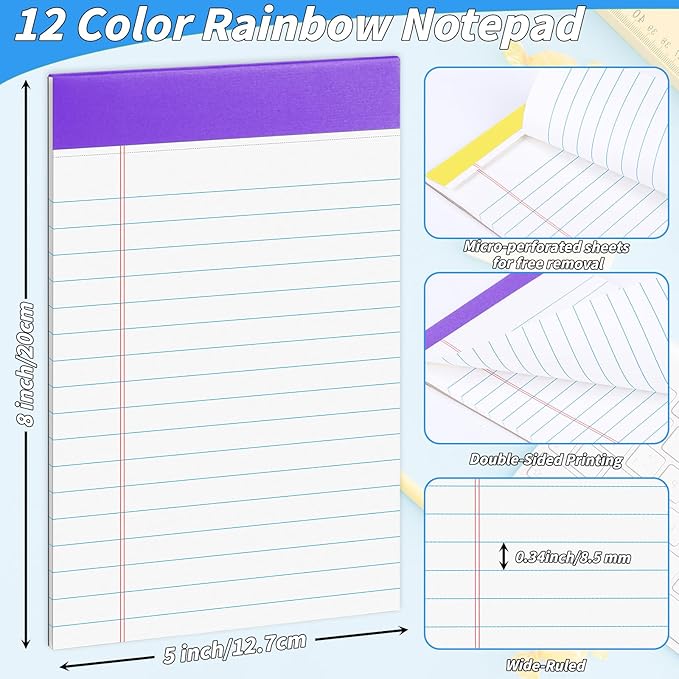 36 Pack Legal Pads Bulk, 5x8 Inch Rainbow Notepad, Note Pads Wide Ruled Perforated Memo Pad for Work Study Daily Note Taking List, Lined Writing Pads Memo Refills Notepads for Office Home School