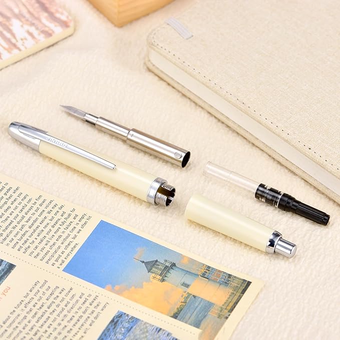 Jinhao 20 Press Fountain Pen, Ivory White Retractable Extra Fine Nib with Ink Converter Set (Silver Clip)