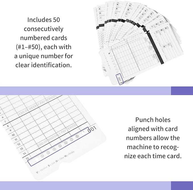 HN4000 Time Cards for Employee Time Clocks, Compatible with HN4000, HN2000, HN2500, HN4500, Card Numbers 1-50, Pre-Punched Holes, of 50 Cards, Separate Packaging (300)