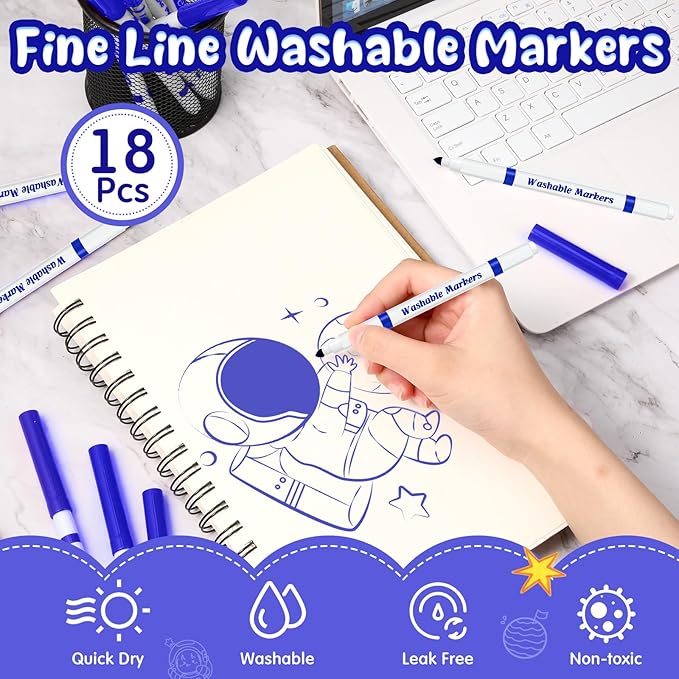 Fullhawl 18 Pcs Line Washable Markers Bulk Blue Fine Tip Markers Set Coloring Thin Tip Drawing Washable Pen for Kids Art School Classroom Back to School Gender Reveal Party Supplies, Ages 6+