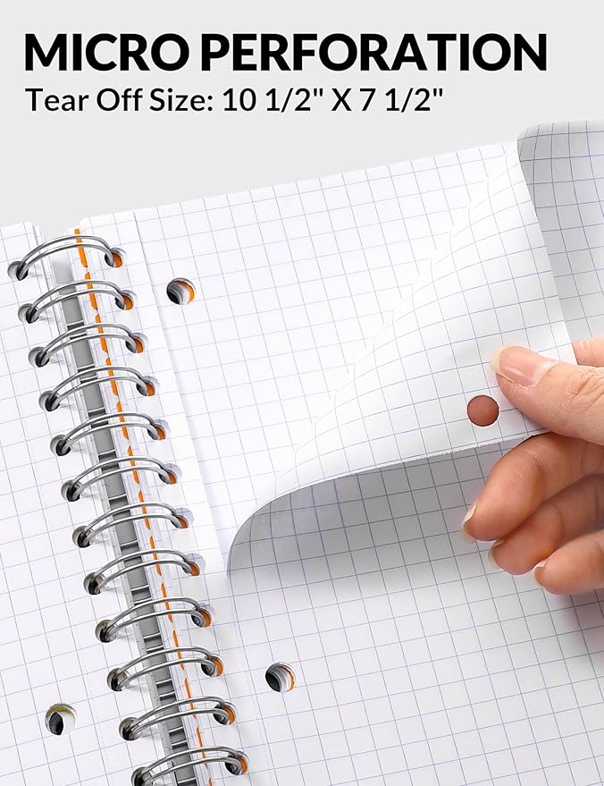 SUNEE Graph Paper Notebook 4x4 Grid Ruled – 300 Pages, 5 Tabbed Pocket Dividers, 8"x10.5", 3 Hole Punched, Durable PP Cover – Spiral Grid Notebook for Engineering, Work, School, Black