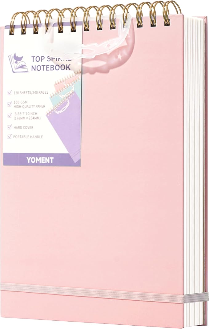 Yoment Top Spiral Notebook, Hardcover Steno Pads, 240 Pages Top Bound Spiral Notebooks, 7"x10" College Ruled Spiral Notepad Left-Handed Notebooks for Work School Office Business,Pink