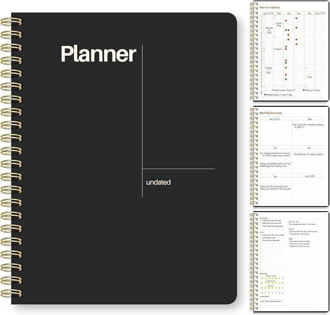 Undated Weekly Planner, 8.5" x 11", Dashboard Layout with Yearly Review, Monthly Calendars, & Weekly To Do List, Spiral Bound Organizer for Work, Study & Life (Black)
