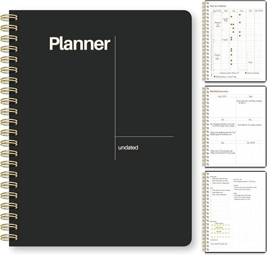 Undated Weekly Planner, 8.5" x 11", Dashboard Layout with Yearly Review, Monthly Calendars, & Weekly To Do List, Spiral Bound Organizer for Work, Study & Life (Black)