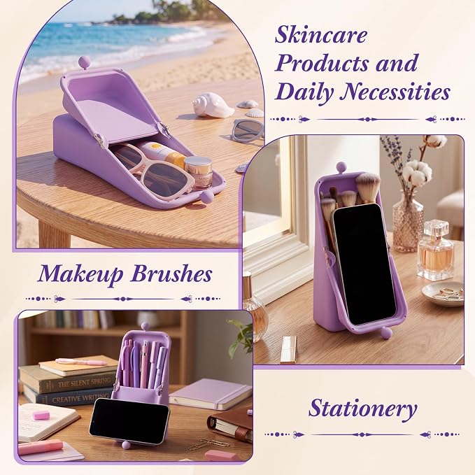 Kacctyen Makeup Brush Case Silicone Standing Makeup Brush Holder,Purple | Silicone Make up Travel Bag with Suction Portable Cosmetic Organizer Phone Stand Pouch for Travel Home Back to School Use