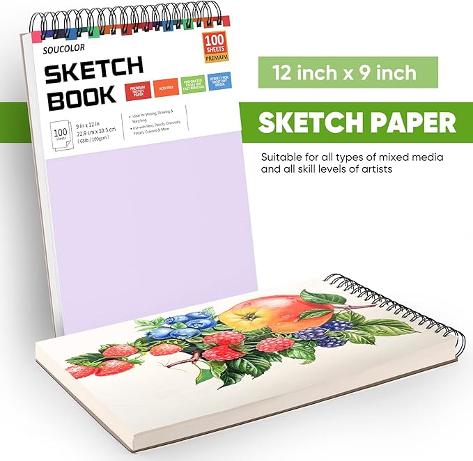 Soucolor 9" x 12" Sketch Book, Gifts for Girl, Birthday Gifts for Women, Thank You Gifts, Stocking Stuffers,2 Pack Art Supplies 100-Sheets Each (68lb/100gsm) Purple Drawing Notebook for Kids