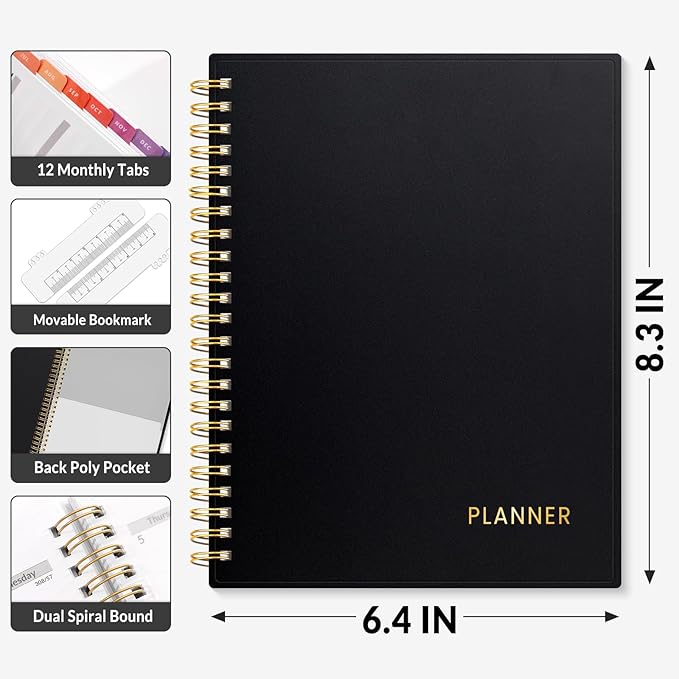 SUNEE Academic Planner 2026-2027 – Weekly & Monthly Planner, July 2026 to June 2027, 6.4"x8.3", Thick Paper, Tabs, Pockets, Bookmark, Spiral-Bound, Student Teacher Organizer, Black
