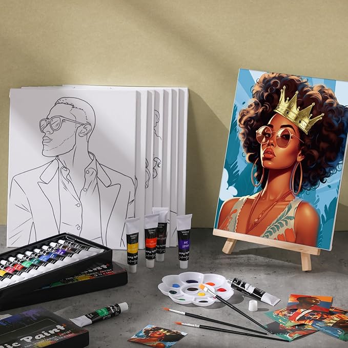 Cholemy 36 Pcs Paint and Sip Kit for Adults 8''x10'' Pre Drawn Canvas for Painting DIY Afro Acrylic Painting Kit Wood Easel Brushes Date Night Bulk for Father's Day Party Gifts(Black Women)