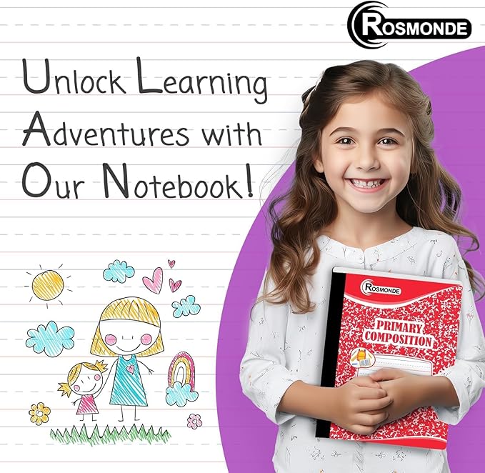Rosmonde Composition Notebooks Primary Ruled 12 Pack, 200 Pages (100 Sheets), Color Marble Composition Notebook, 9-3/4" x 7-1/2", Grades K-2, Writing Journal, Dotted Lined, Colors May Repeat