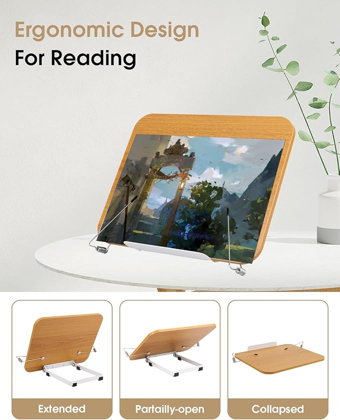 Honagu Desk Book Stand, Reading Rest Holder, Angle Adjustable for Textbooks, Documents, Cookbooks, Music Books, Tablets, Recipes (Yellow Wood)