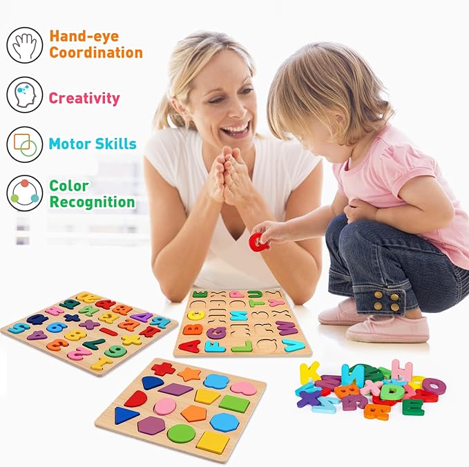 Attmu Wooden Puzzles for Toddlers, 3 Pcs Alphabet Puzzle ABC Shape Number Puzzle, Learning Toys for Kids, Preschool Educational Activities Toddler Gift Toys for Girls Boys Christmas Valentines Easter