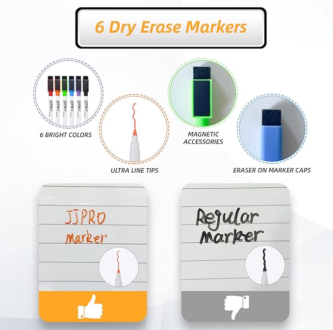 JJPRO Magnetic Dry Erase Chore Chart and Monthly Planner Whiteboard Bundle for Fridge - Chore Chart for Multiple Kids, Monthly Calendar, Behavior Chart, Reward Chart, 6 Markers
