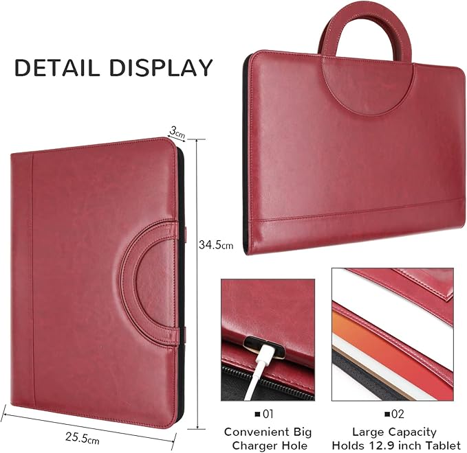 Darolin Vegan Leather Padfolio Portfolio with Handle & Clipboard, Zippered Business Portfolio Organizer for Meetings, Interviews & Travel, Fits A4 & Letter Size, Padfolio for Men Women (Redwine)