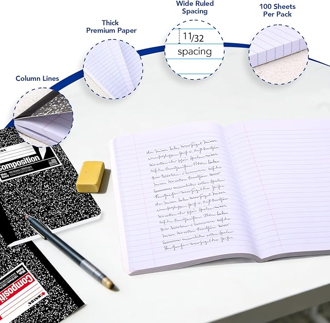 KAISA Hard Cover Composition Notebooks Wide Ruled 100 Sheets, 9.75x7.5inche Classic Black Marble Type, 20pads/Carton, HC10001W