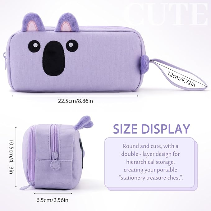 CICIMELON Cartoon Pencil Case, Large Capacity Pen Pouch with Embroidered Animal Design, School Supplies Bag for Kids, Teens, Students (Purple Koala)