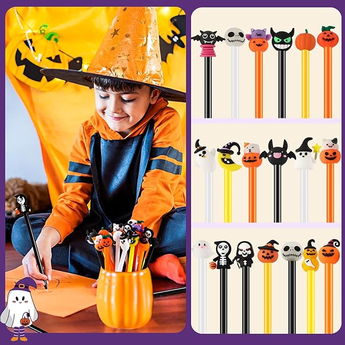 SANNIX 20pcs Halloween Cartoon Pens, Novelty Pumpkin Ghost Skull Bat Gel Ink RollerBall Pens for Halloween Birthday Party Favors Gift Home Supplies
